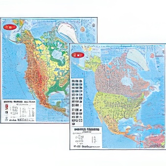 NORTH AMERICA - two-sided map physical and political 40 x 40 cm