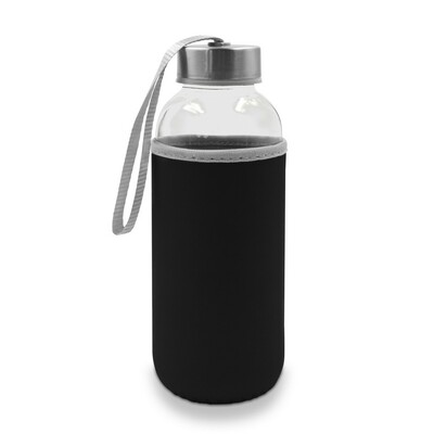 Szklana butelka z pokrowcem czarna 420 ml