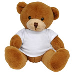 Light-brown teddy bear with a white T-shirt suitable for printing