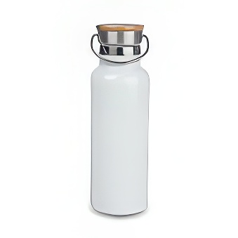 Metalowa butelka termiczna z bambusową zakrętką do sublimacji i graweru, kolor - biały, 500 ml