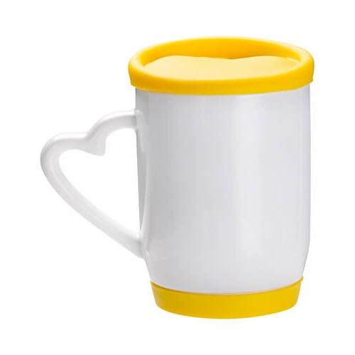 Kubek do sublimacji - z uchwytem w kształcie serca, kolorową silikonową pokrywką i spodem, żółty, 360 ml