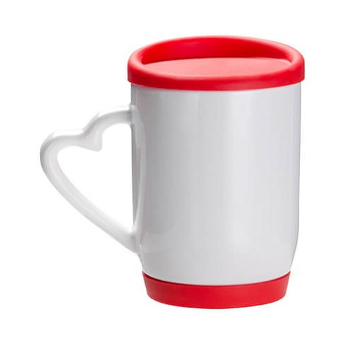 Kubek do sublimacji - z uchwytem w kształcie serca, kolorową silikonową pokrywką i spodem, czerwony, 360 ml