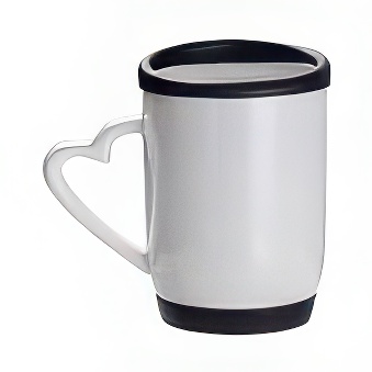 Kubek do sublimacji - z uchwytem w kształcie serca, kolorową silikonową pokrywką i spodem, czarny, 360 ml