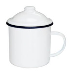 Enamel steel mug with lid for sublimation - white with a navy blue rim