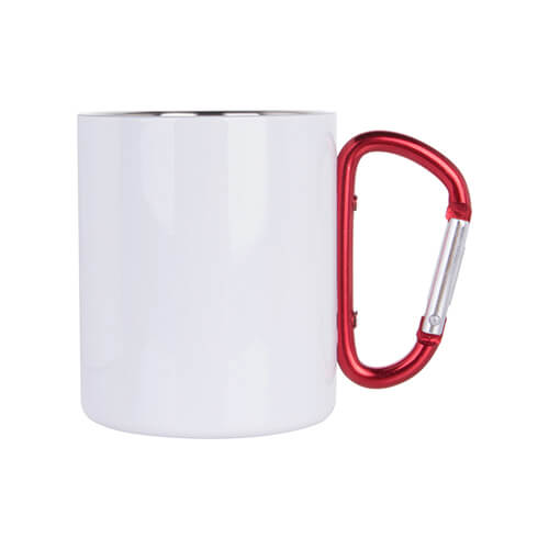 White metal inox mug for sublimation outprint and engraving with red handle carabiner type