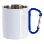 White metal inox mug for sublimation outprint and engraving with blue handle carabiner type