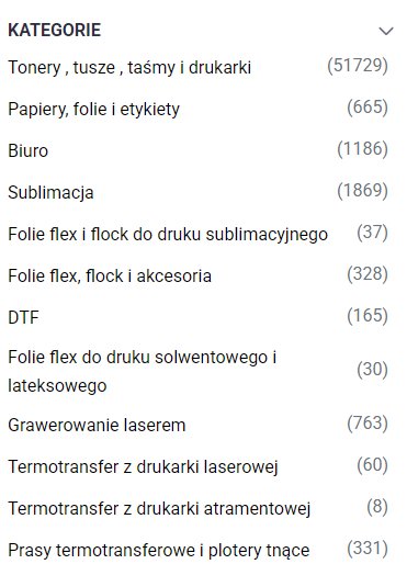 Widok lewego menu z kategoriami towarów