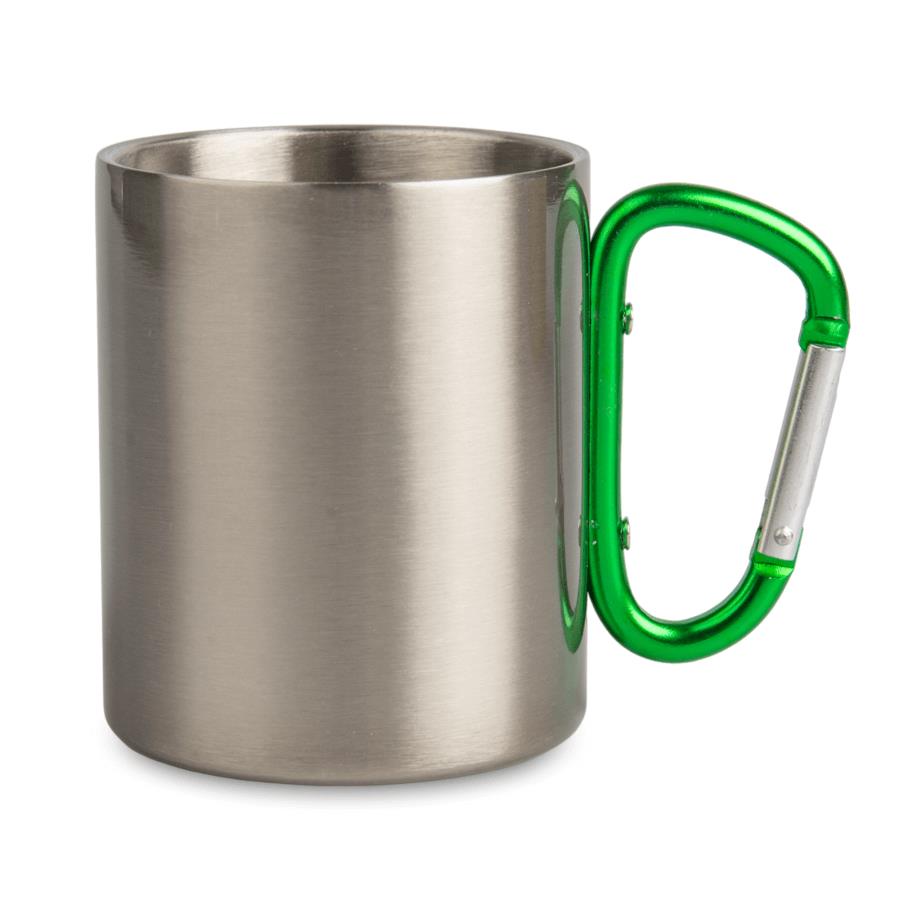 Metal inox mug for sublimation outprint with green handle carabiner type