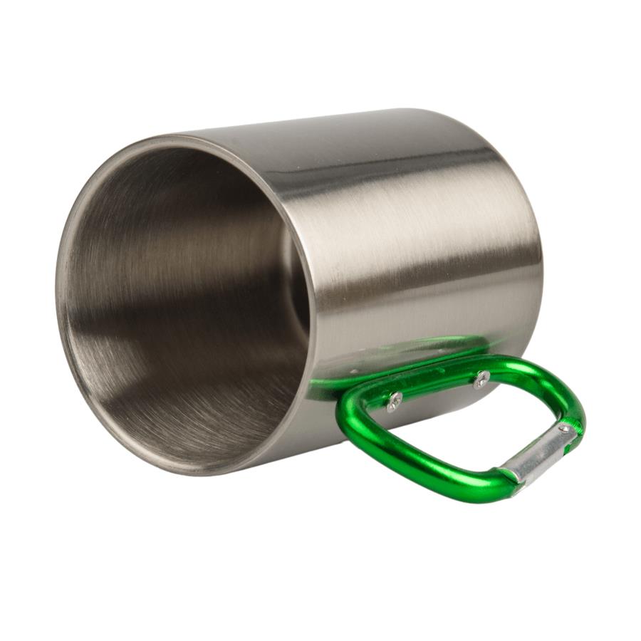 Metal inox mug for sublimation outprint with green handle carabiner type