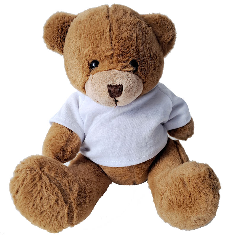 Light-brown teddy bear with a white T-shirt suitable for printing