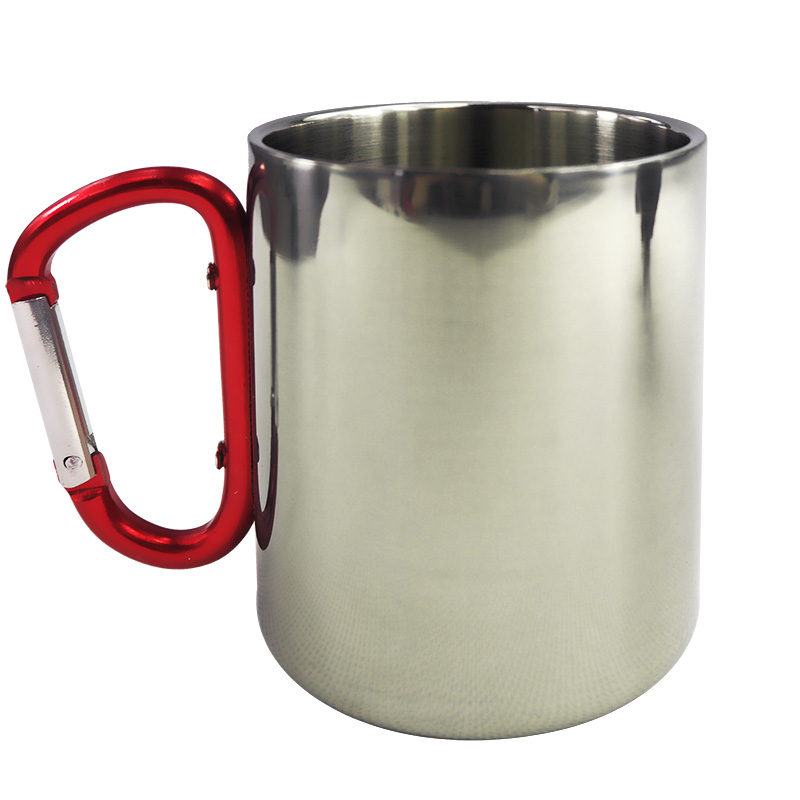 Glossy metal inox mug for sublimation outprint with red handle carabiner type