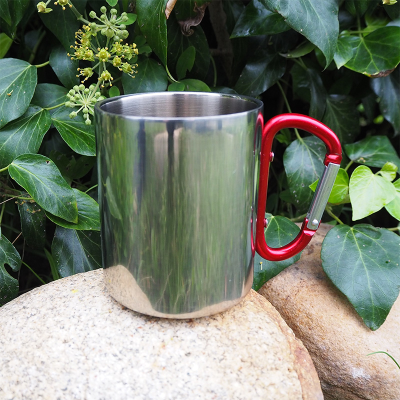 Glossy metal inox mug for sublimation outprint with red handle carabiner type