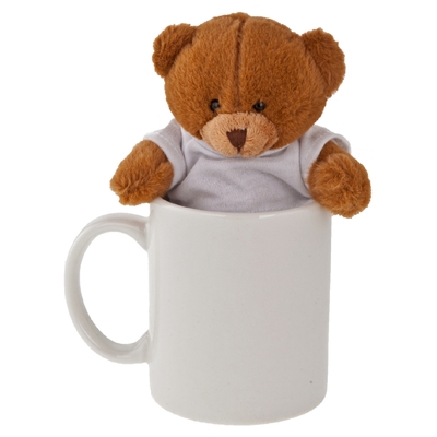 Light-brown teddy bear with a white T-shirt suitable for printing