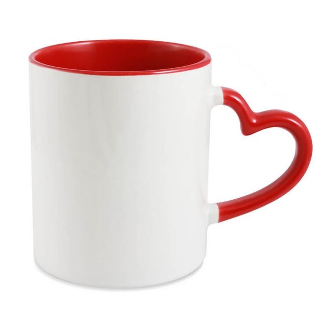 Sublimation mug with colour inside and heart shape handle