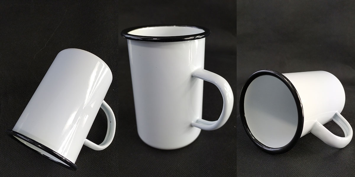 Tall enamel steel mug for sublimation - white with a black rim