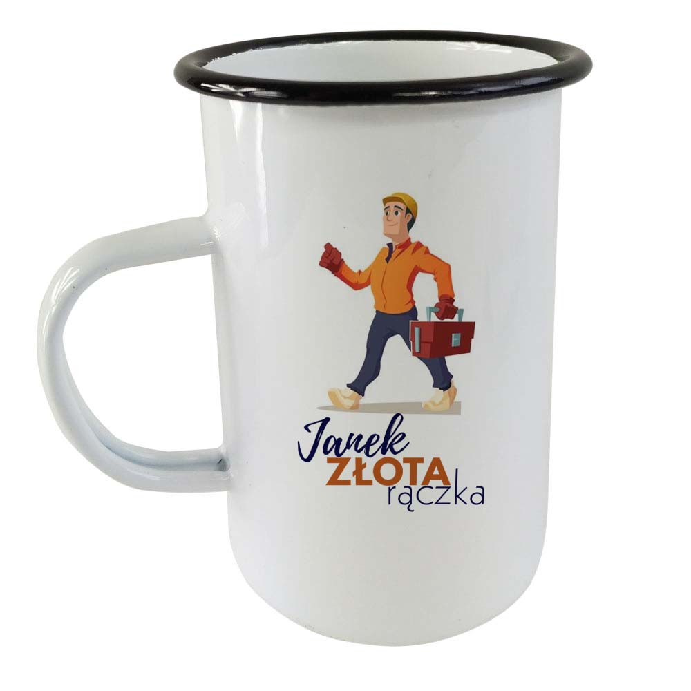 Tall enamel steel mug for sublimation - white with a black rim