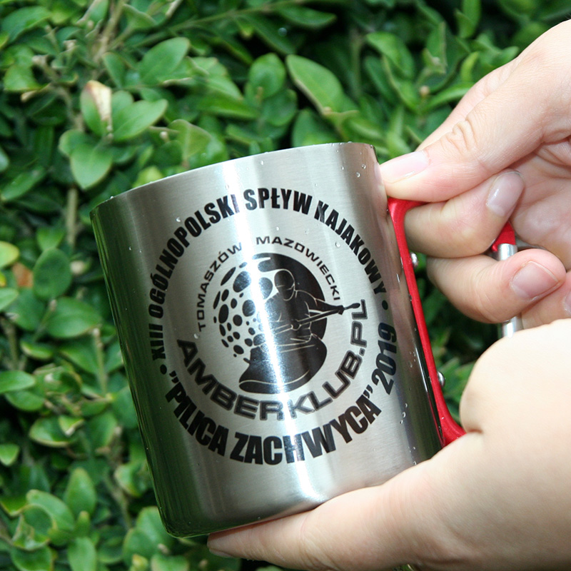 Metal inox mug for sublimation outprint with red handle carabiner type