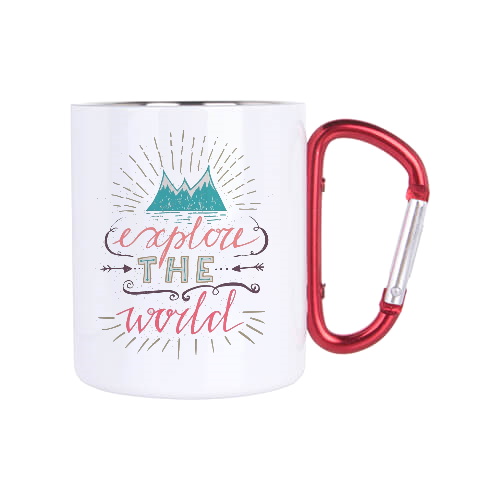 White metal inox mug for sublimation outprint with red handle carabiner type