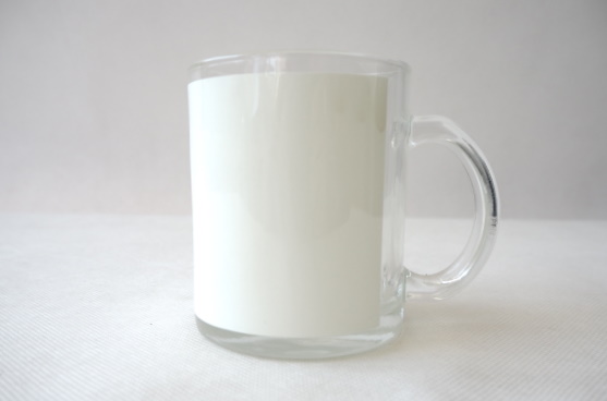 Transparent glass mug with white field for sublimation