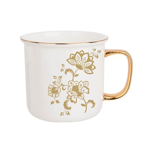 Porcelain vintage mug for sublimation - white with a gold rim and handle