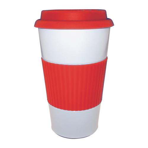 Steel thermal mug with a silicone band and lid - conical
