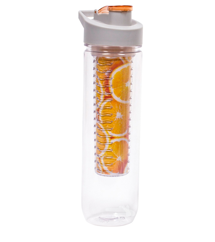 Bottle with insert for ice and fruit - gray-orange lid