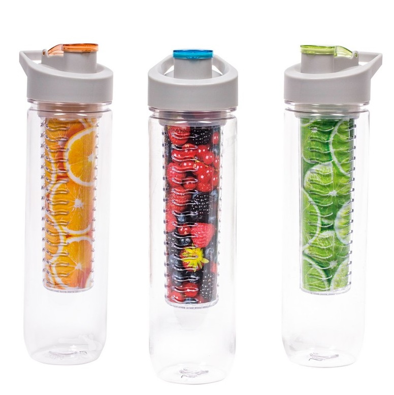 Bottle with insert for ice and fruit - gray-orange lid