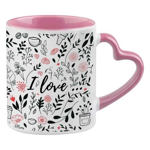 Sublimation mug with colour inside and heart shape handle