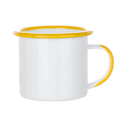 Enamel steel mug for sublimation with yellow rim and handle