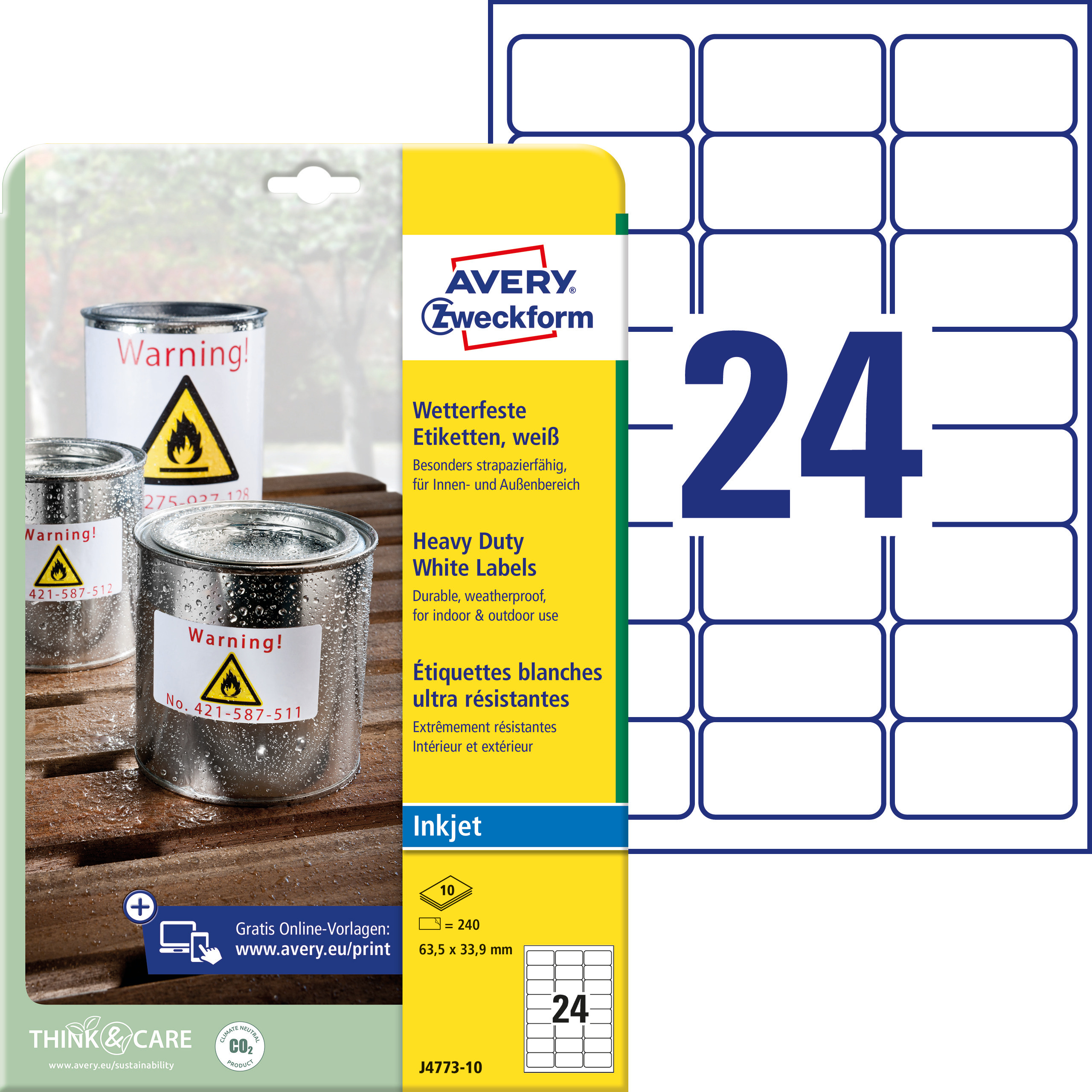 Self-adhesive durable labels Heavy Duty polyester film for inkjet printers - 24 labels per sheet