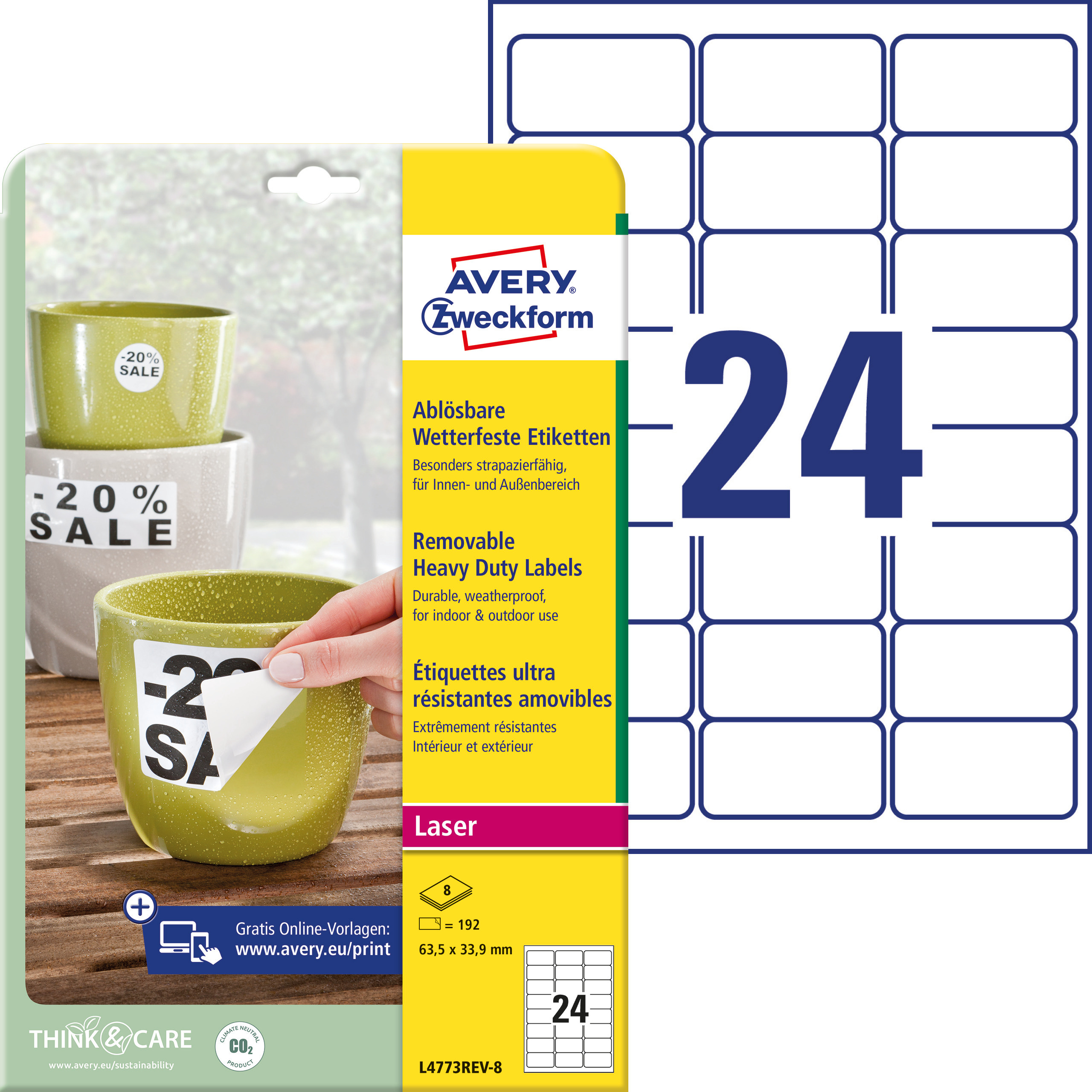 Self-adhesive removable labels Heavy Duty polyester film for laser printers and copiers - 24 labels per sheet