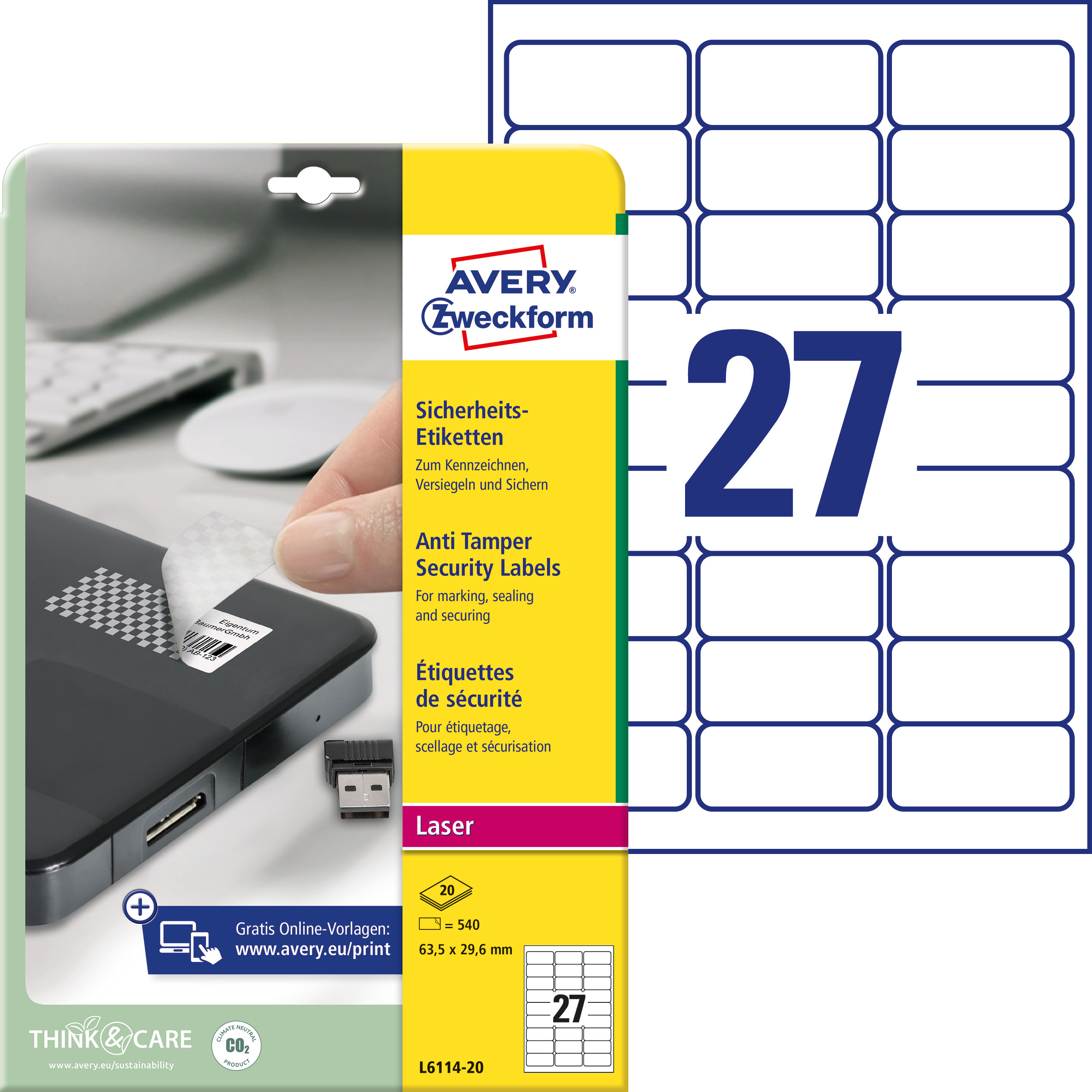 Self-adhesive durable labels polyester film for laser printers and copiers - 27 labels per sheet