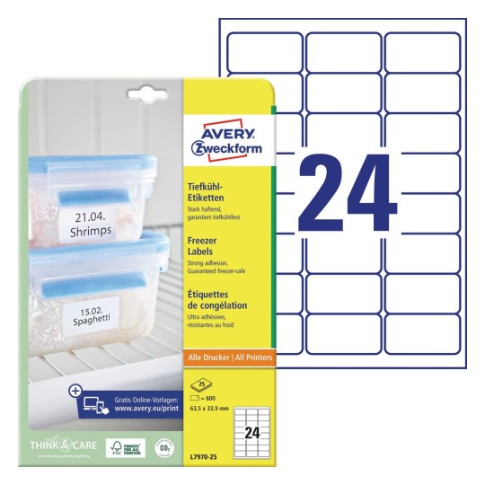 Self-adhesive paper labels for frozen food for all types of printers - 24 labels per sheet