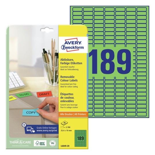 Self-adhesive removable colored paper labels for all types of printers - 189 labels per sheet