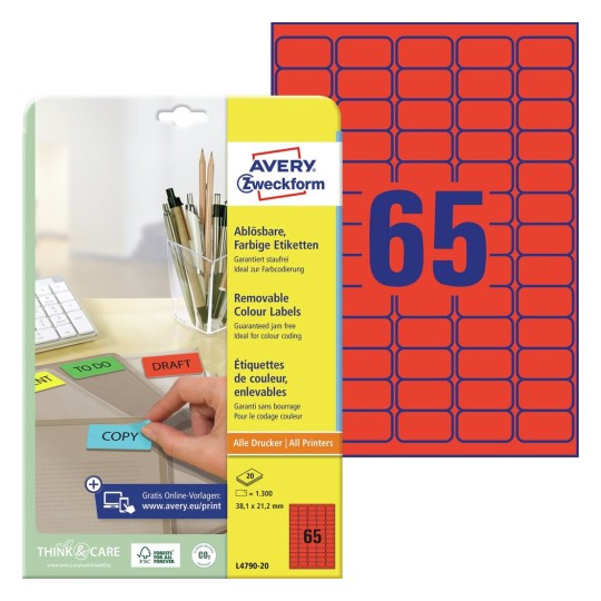 Self-adhesive removable colored paper labels for all types of printers - 65 labels per sheet
