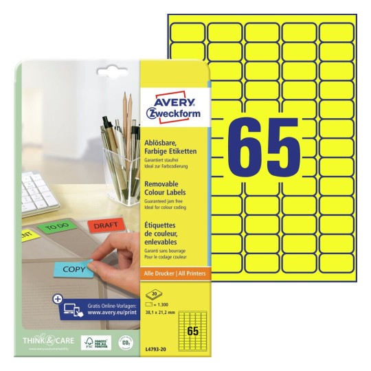 Samoprzylepne usuwalne etykiety papierowe kolorowe do wszystkich rodzajów drukarek - 65 etykiet na arkuszu