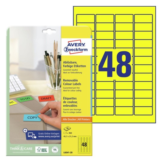 Self-adhesive removable colored paper labels for all types of printers - 48 labels per sheet