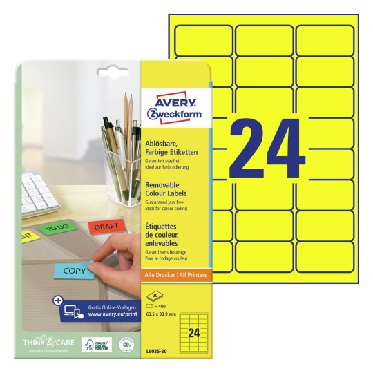 Self-adhesive removable colored paper labels for all types of printers - 24 labels per sheet