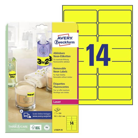 Self-adhesive removable neon paper labels for laser printers and copiers - 14 labels per sheet