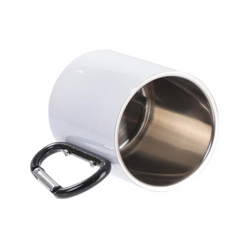 White metal inox mug for sublimation outprint with black handle carabiner type