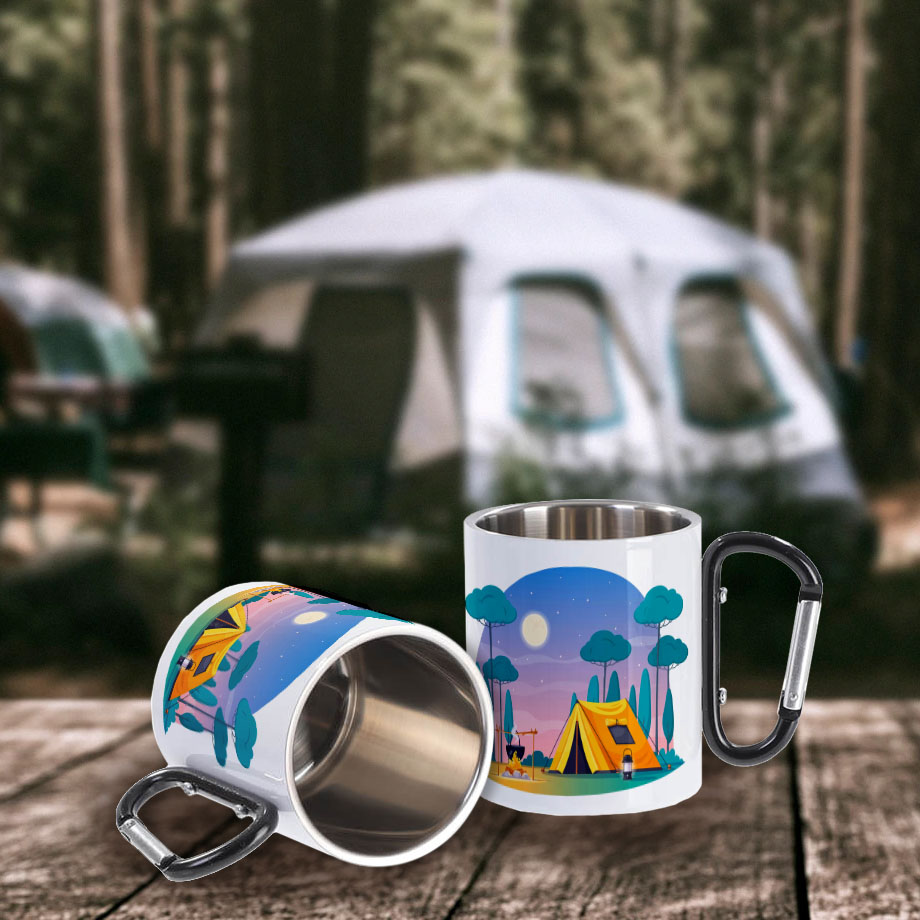 White metal inox mug for sublimation outprint with black handle carabiner type