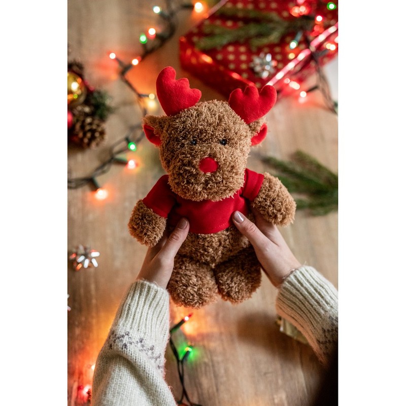 Brown teddy reindeer with a red T-shirt suitable for printing